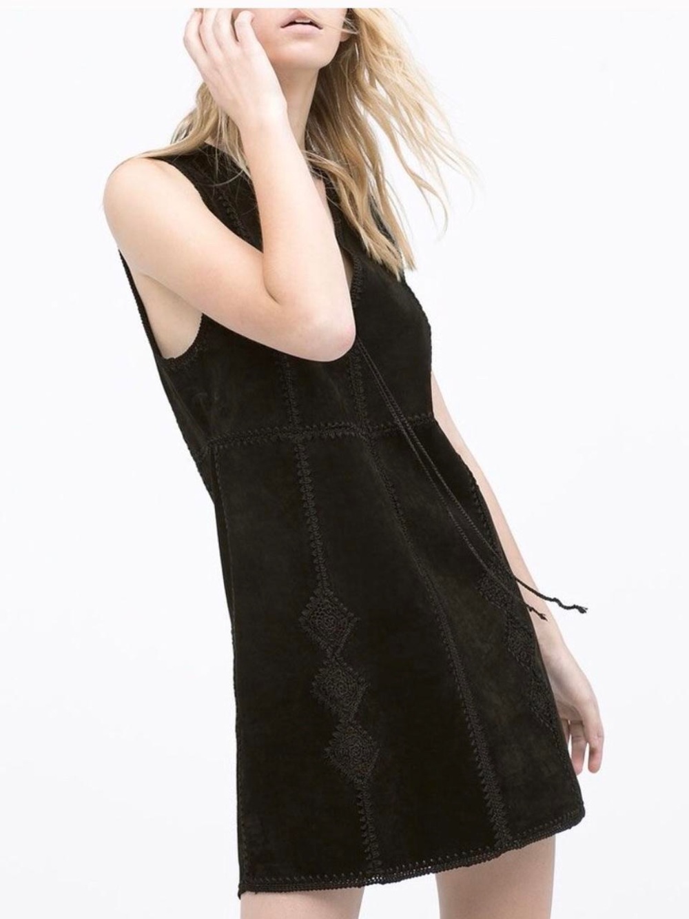 Zara Black Sleeveless Suede Shift Dress geometric crochet details size XS